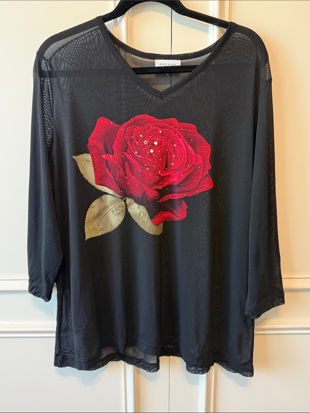 Avenue Black Long Sleeve Sheer Top with Red Rose Print